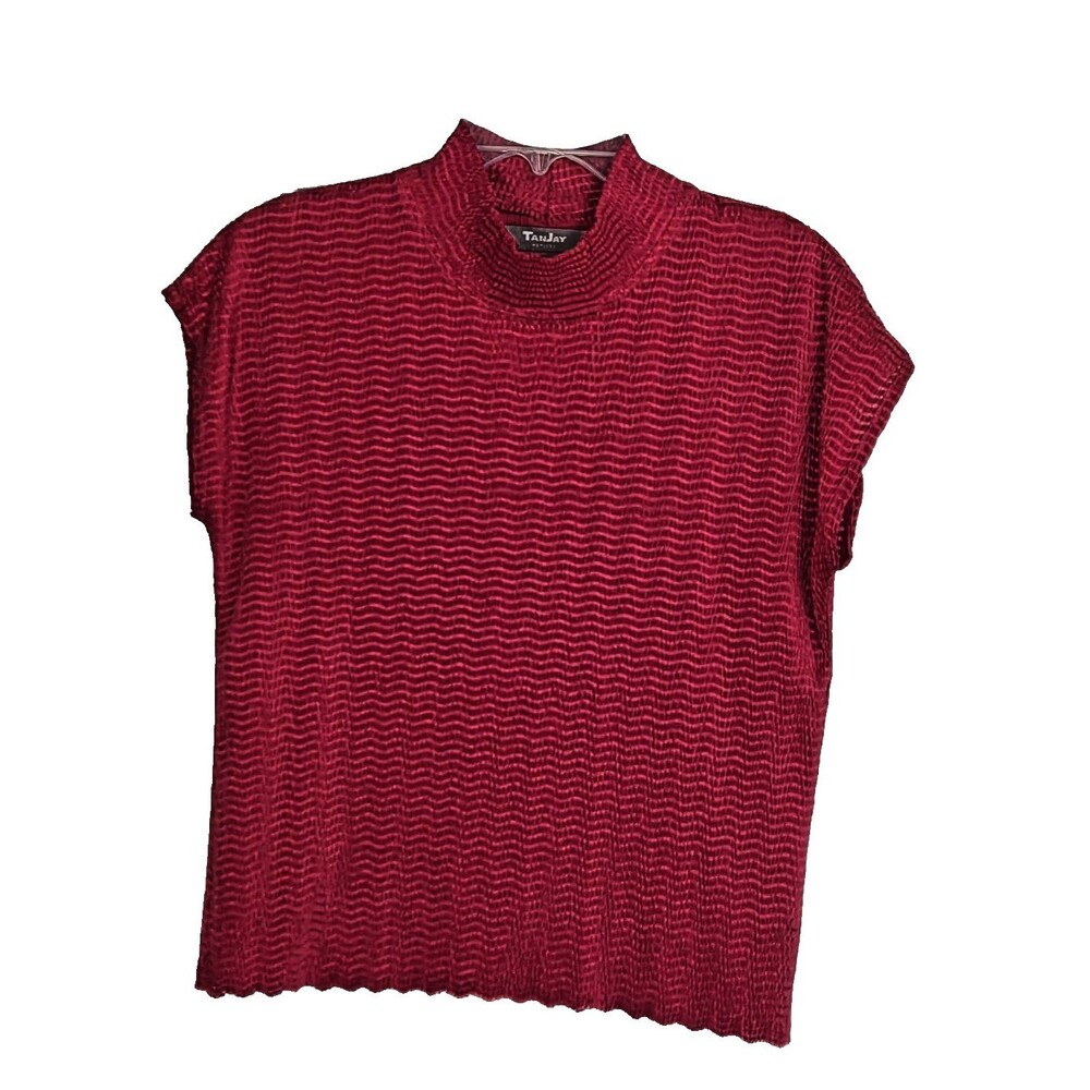 TanJay Women’s Petite Small PS Top Red Crinkle Stretch Sleeveless Pullover